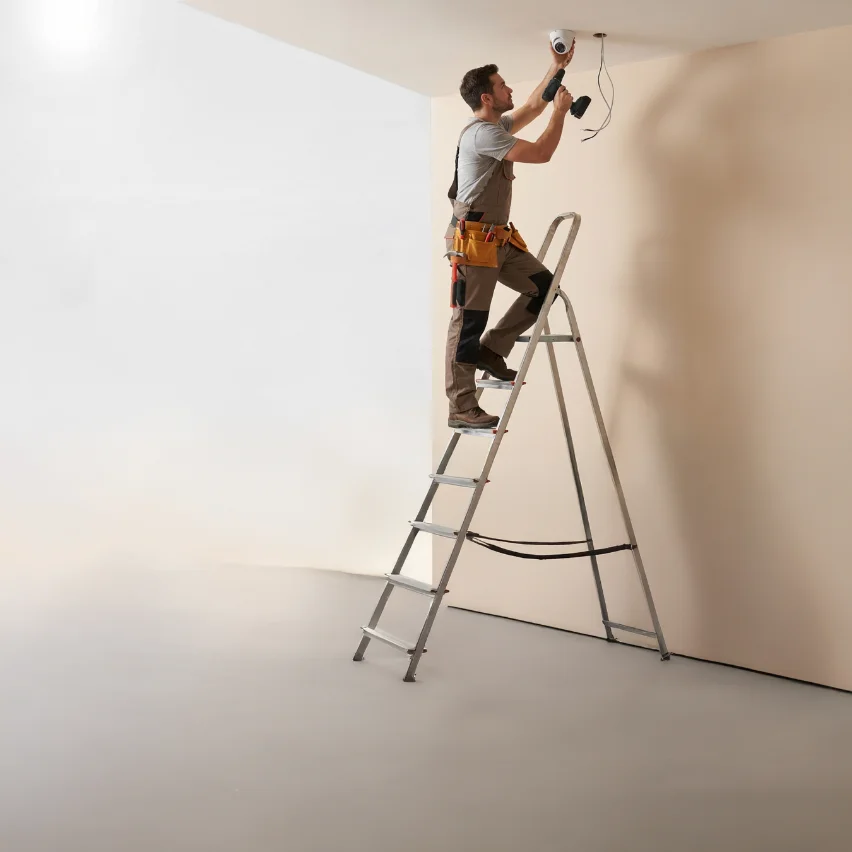 Technicien Alsec installant une caméra de surveillance au plafond